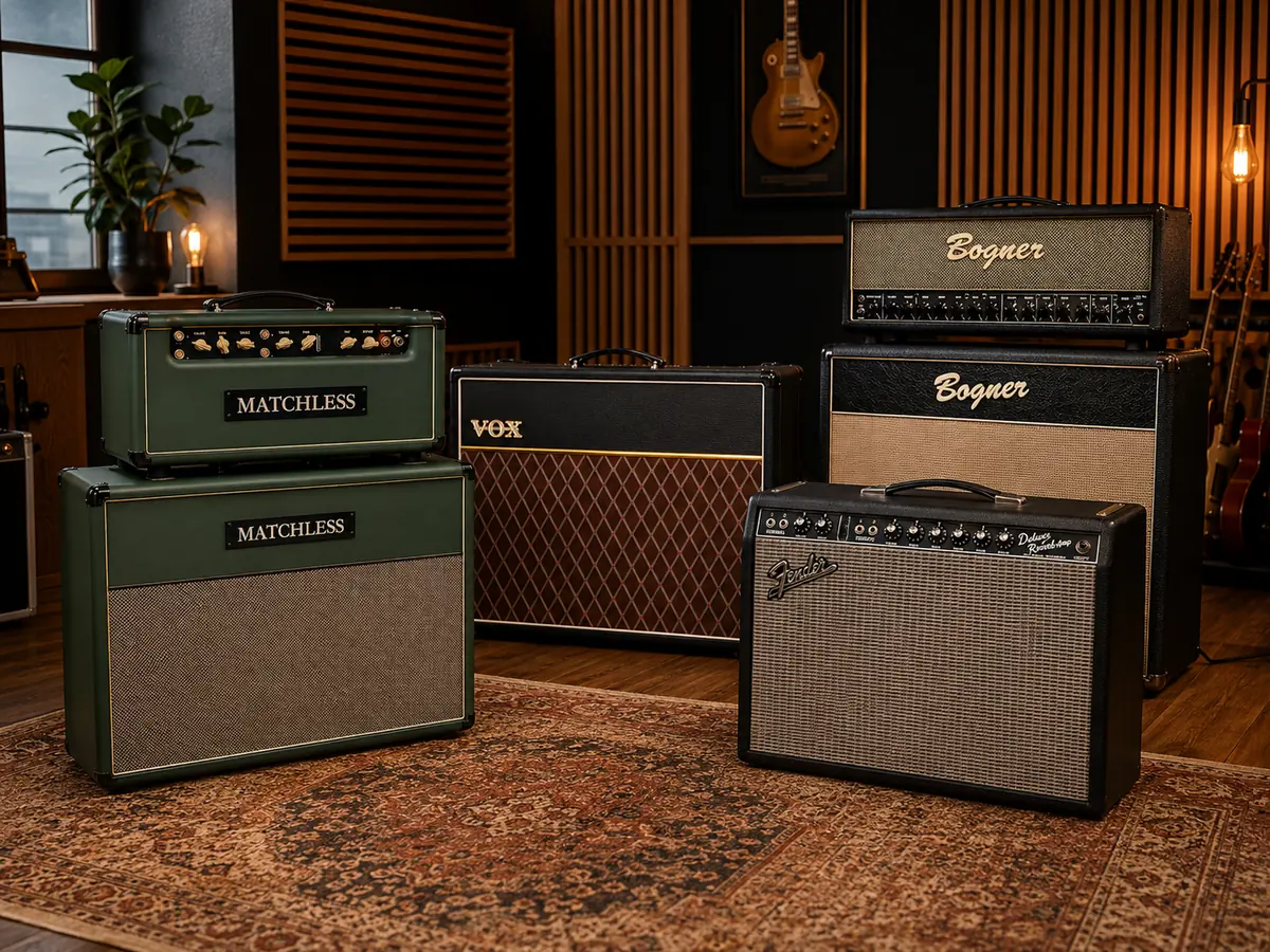 Caixas de amplificador vintage microfonadas em estúdio